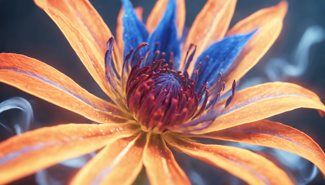 Close-up shooting, In the photo, a fiery flower glows with multi-colored flames, in the center of the flower there a blue flame and at the edges there a red flame, there a darkened space around and only some outlines of objects are visible from the light emitted by the burning flower, great depth of field, Hi-Def, Extremely realistic, Extremely detailed, cinematic treatment, HDR, Photorealistic, tmasterpiece