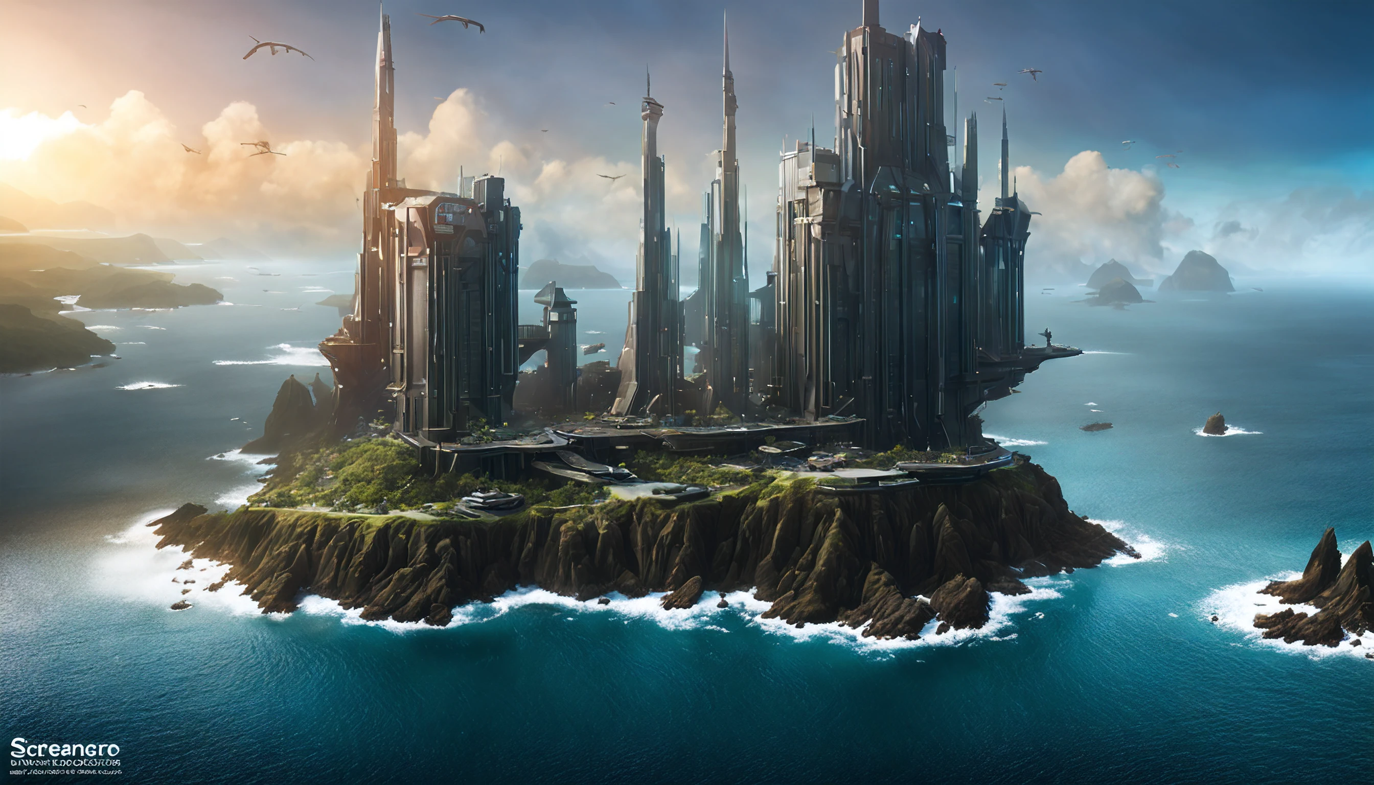 There a futuristic tower over the ocean on the planet Scarif, Escenario de Star Wars, Dota Matte Painting Concept Art, Epic cinematic concept art, Paisaje de avatar, Dota! Arte conceptual de pintura mate, Escena del arte conceptual, Impresionante arte conceptual, Taller de Weta Concept Art, ILM of an epic science fiction, Arte conceptual galardonado