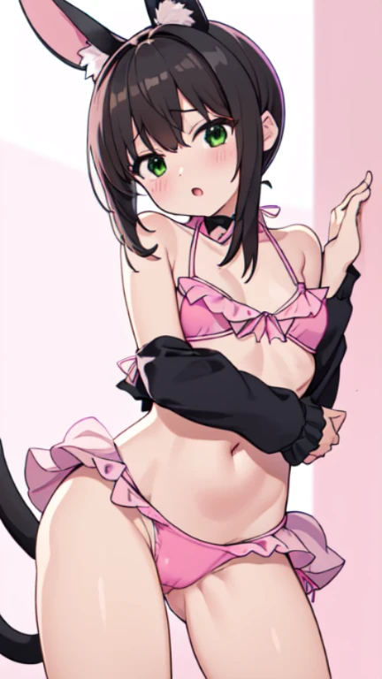 ((NSFW)),Beautiful illustration、masuter piece, (masterpiece、top-quality、8K ),intricate detailes,ultra-detailliert,soft focus weapon_Kantai Collection, Black hair,Short ponytail,side locks,Low ponytail,Green eyes,Black eyes,small tits、a junior high school student, 14years、Navel Ejection、Cat's ears、tail、(((Pink ruffled bikini:1.5))),Rabbit ears,hugging own legs,White panties,Cameltoe,