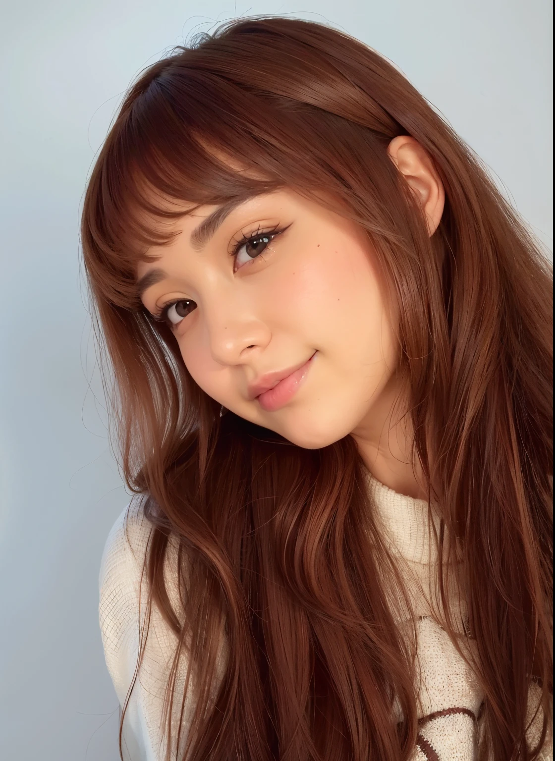 Argada woman with long brown hair and a white sweater, com franja, franja marrom, cabelo castanho com franja, cabelos castanhos e franja, Chiho, com uma franja marrom, Lalisa Manobal, cabelo castanho coral, O corte Hime, cabelo arrumado com franja, com franja completa, franja fofa, Ayaka, franja central separada