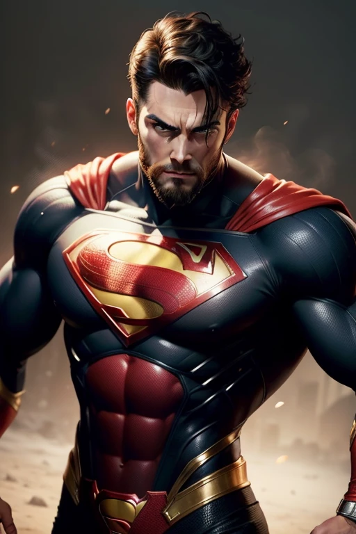 Superman, 40s year old, beard, all details black and red suit, big S symbol on the chest, red cover, strain of hair covering forehead, short cut hair, neat hair, tall, manly, hunk body, muscular, straight face, black hair, best quality, high resolution:1.2, masterpiece, raw photo, dark background, detailed suit, detailed face, upper body shot