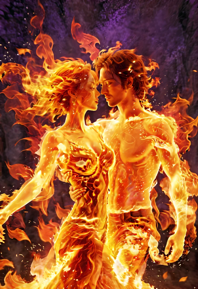 tmasterpiece, Best quality, Detailed pubic hair, A high resolution, (火焰/火焰/Loim，dynamic scene:1.3)，Romantic couple kissing in fire，firestorm, catching fire, strange fantasy images, great skin texture，Magic Array, Cast spells, Fantastical, Purple power, strength, Fiery, meteors,