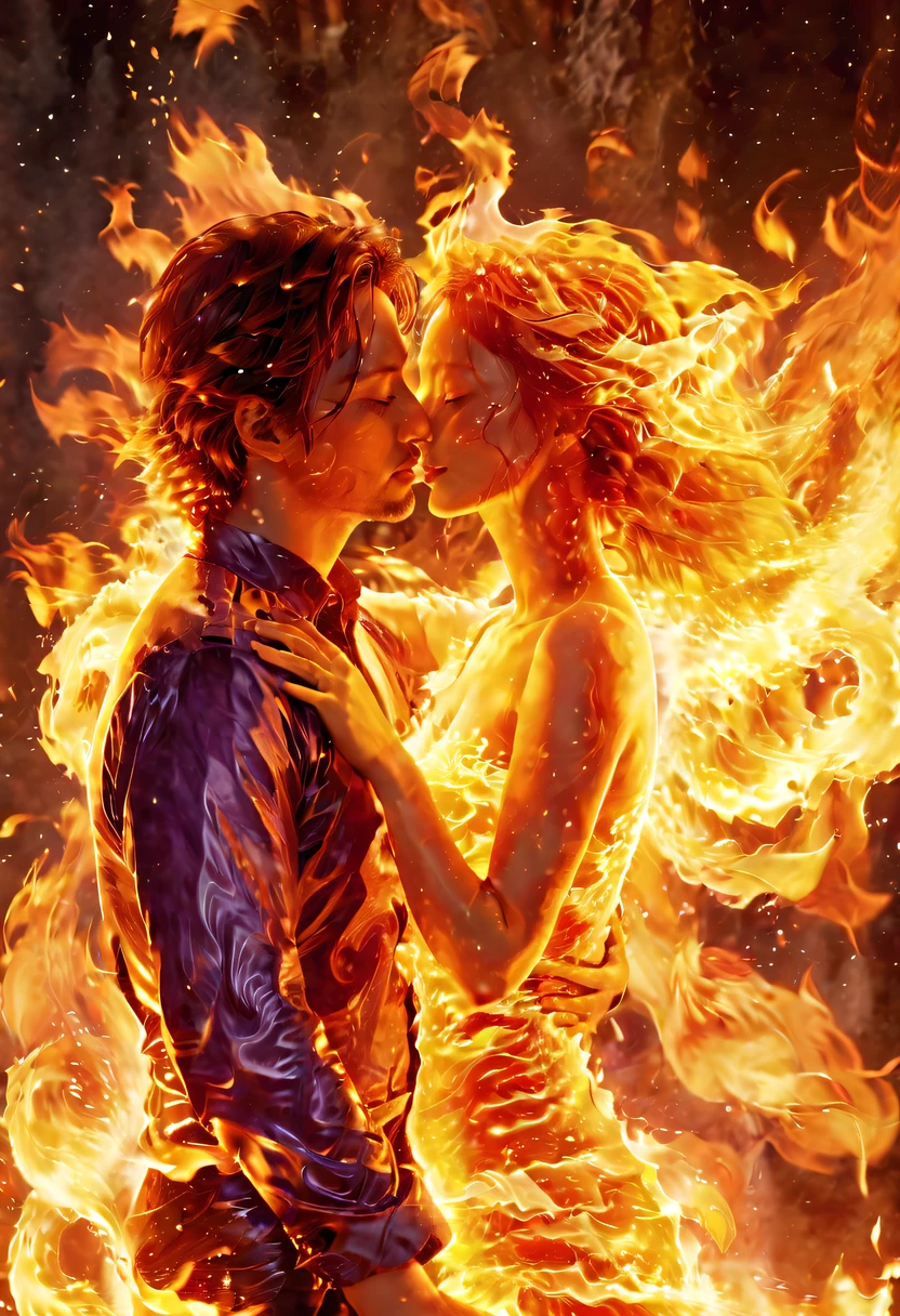 tmasterpiece, Best quality, Detailed pubic hair, A high resolution, (火焰/火焰/Loim，dynamic scene:1.3)，Romantic couple kissing in fire，firestorm, catching fire, strange fantasy images, great skin texture，Magic Array, Cast spells, Fantastical, Purple power, strength, Fiery, meteors,