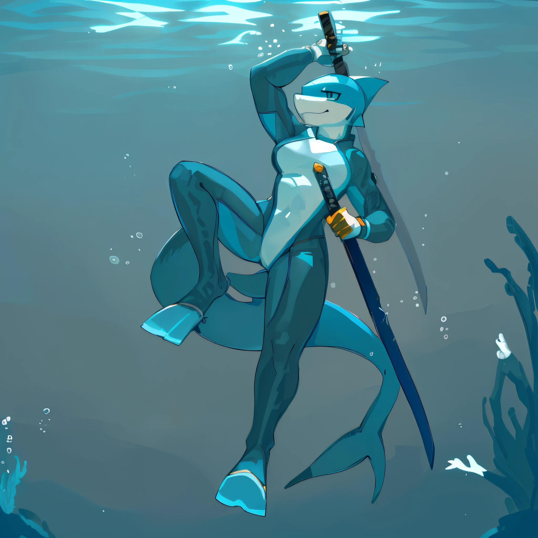 a drawing of a smiling female shark in a dive suit holding a sword, badass pose, swimming flippers, katana, anthro female, shark, aquatic, underwater, abserdres, hires, highly detailed