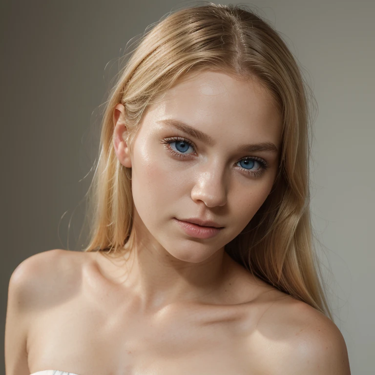 Photorealistic, ultra realistic, frontal, face, full face, face only, blonde girl, light makeup, pale skin, swiss blonde girl, blue eyes, perfect face, perfect hair, gorgeous, photography style, portrait