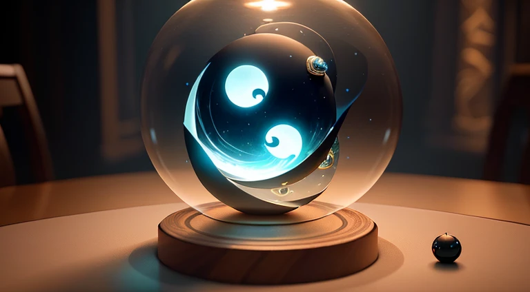 photore，There  a glass ball on the table，There  a mysterious yin-yang fish inside,high detal, Exquisite details, art-style, render octane, Currently at Artstation, High studio lighting, high detal, Serafinian Codex