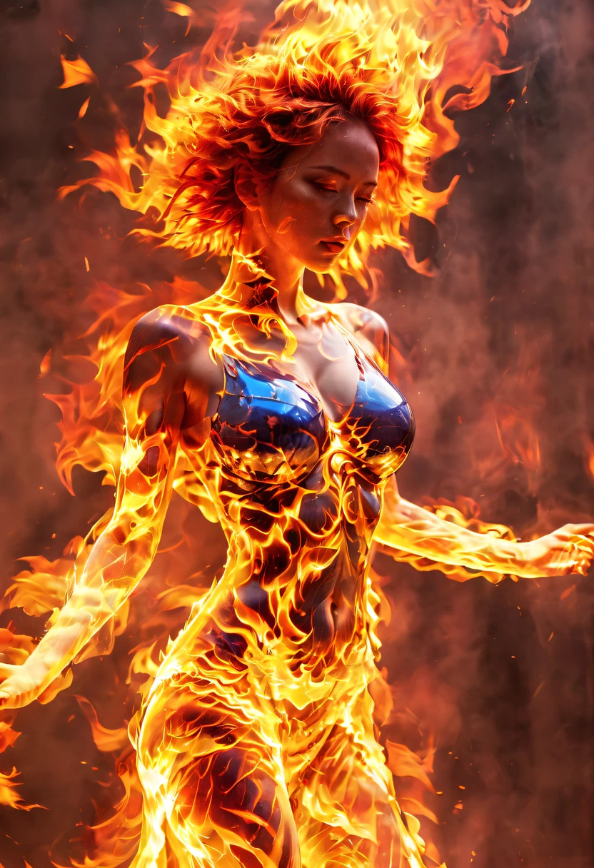 (theelementoffire:1.1),Composed of fire elements,(1 busty girl:1.2),catching fire,transparency,Fiery,(Molten rock),Flame skin,Flame print,fiery hair,smokes,cloud,LOP,,a girl wrapped in flames, Flames rise and sparkle,burning hands,Translucent glow,Highly realistic,beautiful postures,transparency,Sci-fi light effects,(Light-emitting circuit board:1.6),Long blue,