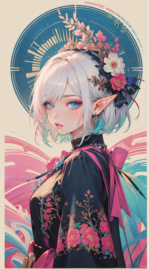 (masterpiece, Superior Quality, best quality, Official Art, Beautiful and Aesthetic:1.2), (elf), (1girl), Bob Haircut, parted bangs, (hair over one eye), white hair, delineated lips, eyelashes , makeup, blue eyes, eyeshadow, pink eyeshadow, pink lips, extremely detailed, (Fractal Art:1.3), colorful, highest detailed, Art by Artgerm