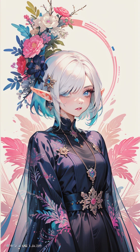 (masterpiece, Superior Quality, best quality, Official Art, Beautiful and Aesthetic:1.2), (elf), (1girl), Bob Haircut, parted bangs, (hair over one eye), white hair, delineated lips, eyelashes , makeup, blue eyes, eyeshadow, pink eyeshadow, pink lips, extremely detailed, (Fractal Art:1.3), colorful, highest detailed, Art by Artgerm