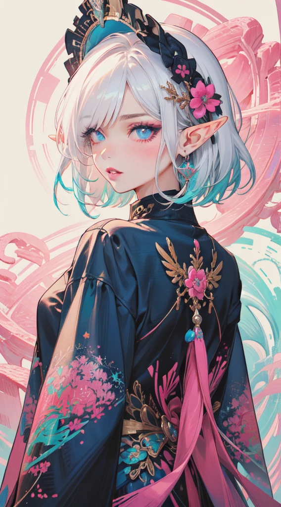 (masterpiece, Superior Quality, best quality, Official Art, Beautiful and Aesthetic:1.2), (elf), (1girl), Bob Haircut, parted bangs, (hair over one eye), white hair, delineated lips, eyelashes , makeup, blue eyes, eyeshadow, pink eyeshadow, pink lips, extremely detailed, (Fractal Art:1.3), colorful, highest detailed, Art by Artgerm