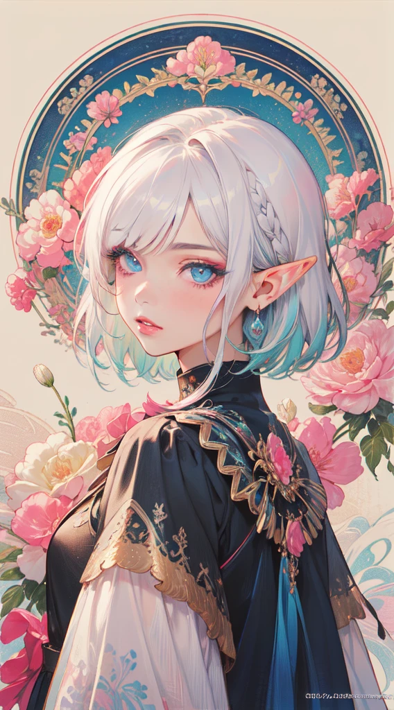 (masterpiece, Superior Quality, best quality, Official Art, Beautiful and Aesthetic:1.2), (elf), (1girl), Bob Haircut, parted bangs, (hair over one eye), white hair, delineated lips, eyelashes , makeup, blue eyes, eyeshadow, pink eyeshadow, pink lips, extremely detailed, (Fractal Art:1.3), colorful, highest detailed, Art by Artgerm