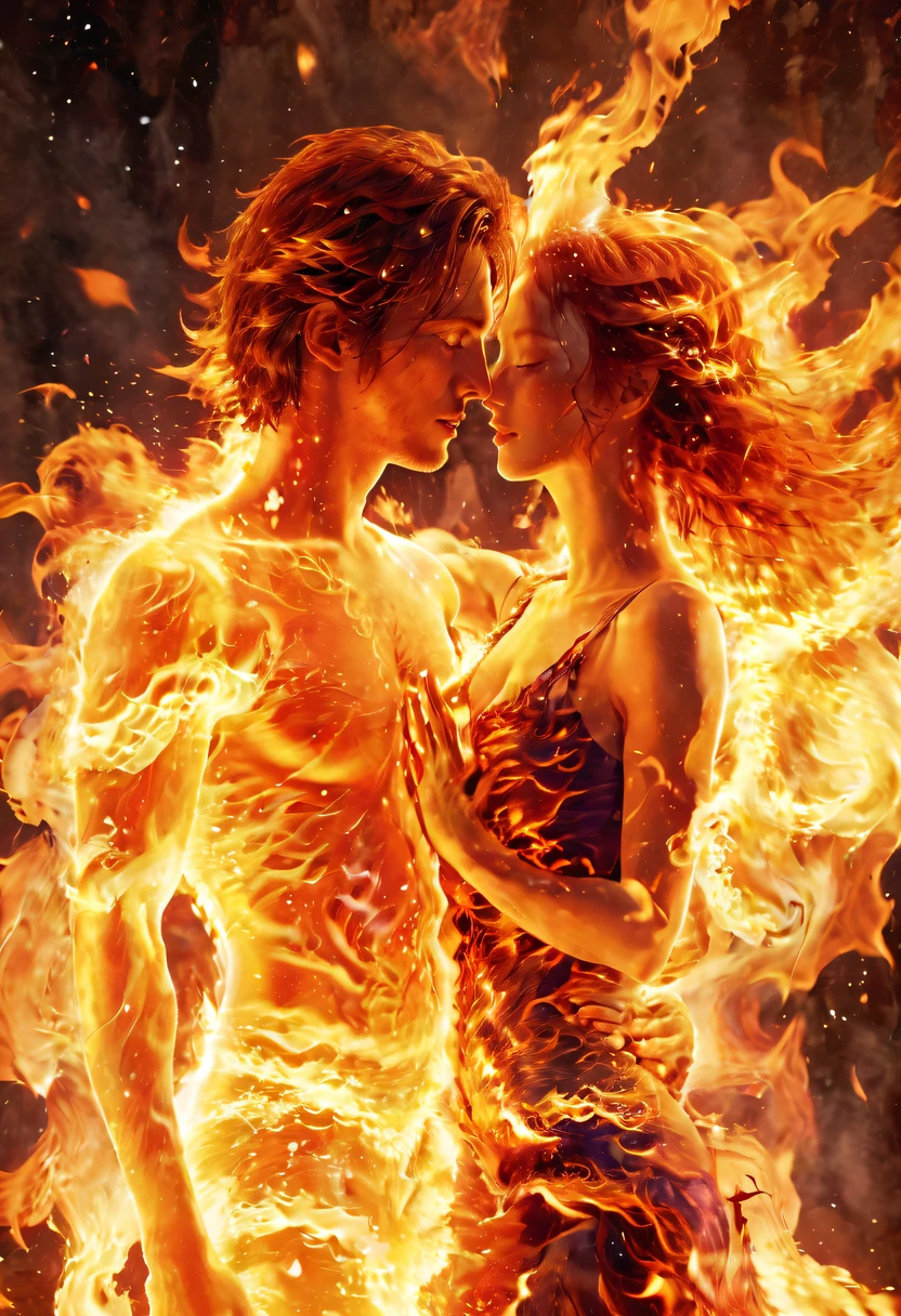 tmasterpiece, Best quality, Detailed pubic hair, A high resolution, (火焰/火焰/Loim,dynamic scene:1.3),Romantic couple kissing in fire,firestorm, catching fire, strange fantasy images, great skin texture,Magic Array, Cast spells, Fantastical, Purple power, strength, Fiery, meteors,