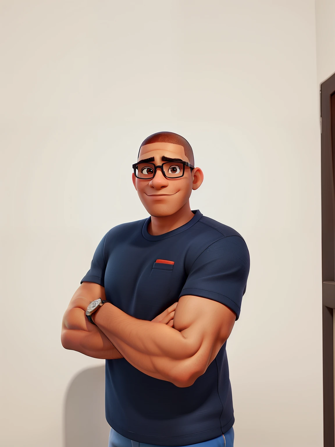 homem de pele morena, shaved head and glasses