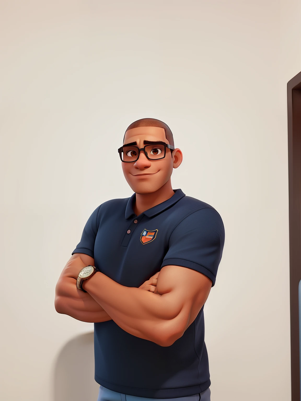 homem de pele morena, shaved head and glasses