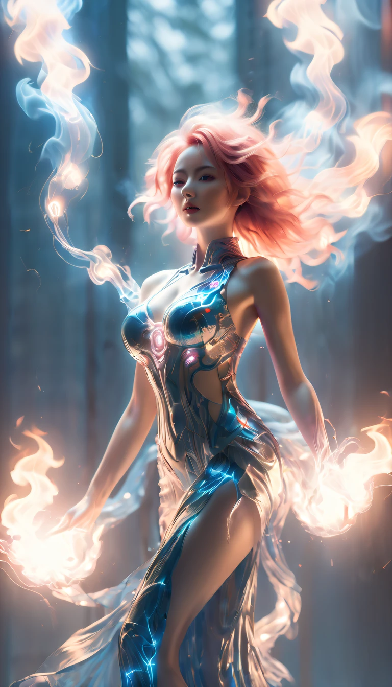 aestetic illustration of a magical woman, full body, vibrant colored enchanted lightsparks in background, detailed fantastical background, intricate details, fantasy art concept, whimsical, cutepunk, dystopian style, ultra sharp, masterwork, best quality