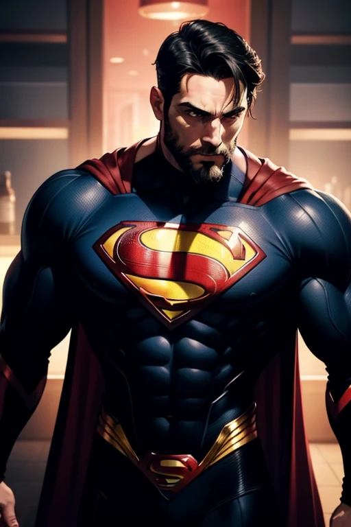 Superman, 40s year old, beard, all details black and red suit, big S symbol on the chest, red cover, strain of hair covering forehead, short cut hair, neat hair, tall, manly, hunk body, muscular, straight face, black hair, best quality, high resolution:1.2, masterpiece, raw photo, dark background, detailed suit, detailed face, upper body shot