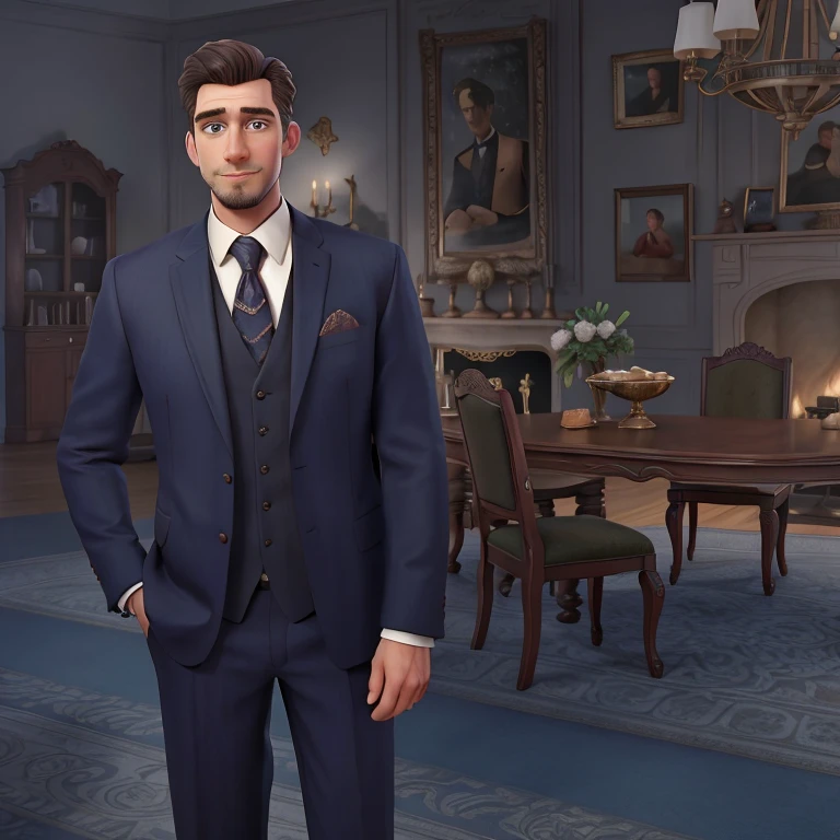 there a man in a suit standing in a large dining room, fireplace at the background, a large table, paintings on the walls, hugh detailed, inspired by Max Magnus Norman, a portrait of the character, handsome stunning realistic, handsome man, masterpiece portrait, official character illustration, mr. house, stylized portrait formal pose, background artwork, official character art, epic and classy portrait, full-body character portrait, handsome and elegant