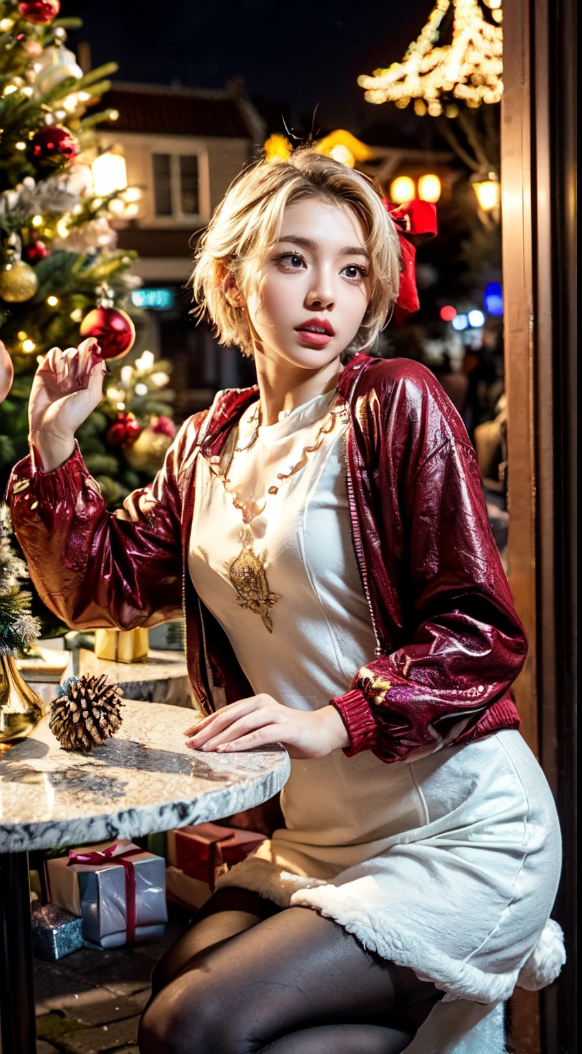 (Ultra-detailed eyes), (((Textile shading))), (((Best quality at best))), (((On the table))), (((super-detailed CG))), Savage girlfriend, (((magical little girl))), (small), (smallunderboob), Blonde hair, Blonde hair, Blonde hair, Pin the mood, ((short detailed hair, short detailed hair, ornate hair)), a pink eyes, (((Christmas dresses, Red and white faux fur-trimmed Cardroy jacket, Millennium bug, scallop skirt))), ((Pose up)), (((GameCG)) (a gorgeous, Funky, it girline jewelry, Sparkling sky, amsterdam light festival, Christmas atmosphere, light christmas, Christmas tree, Rich atmosphere of Amsterdam Light Festival, cow boy shot, 中景 the scene , centered image, Keep your eyes on the camera, the night