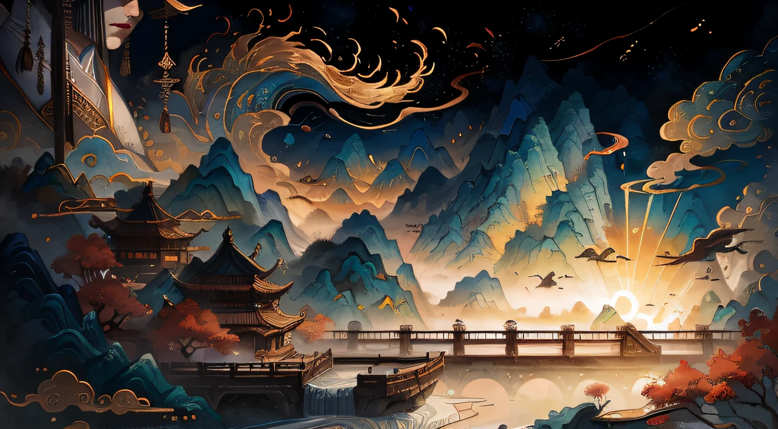 Ancient Chinese landscape, mountains, rivers, auspicious clouds, sunlight, masterpiece, super detail, epic composition, ultra high definition, high quality, extremely detailed, official art, uniform 8k wallpaper, super detail, 32k -- v 6