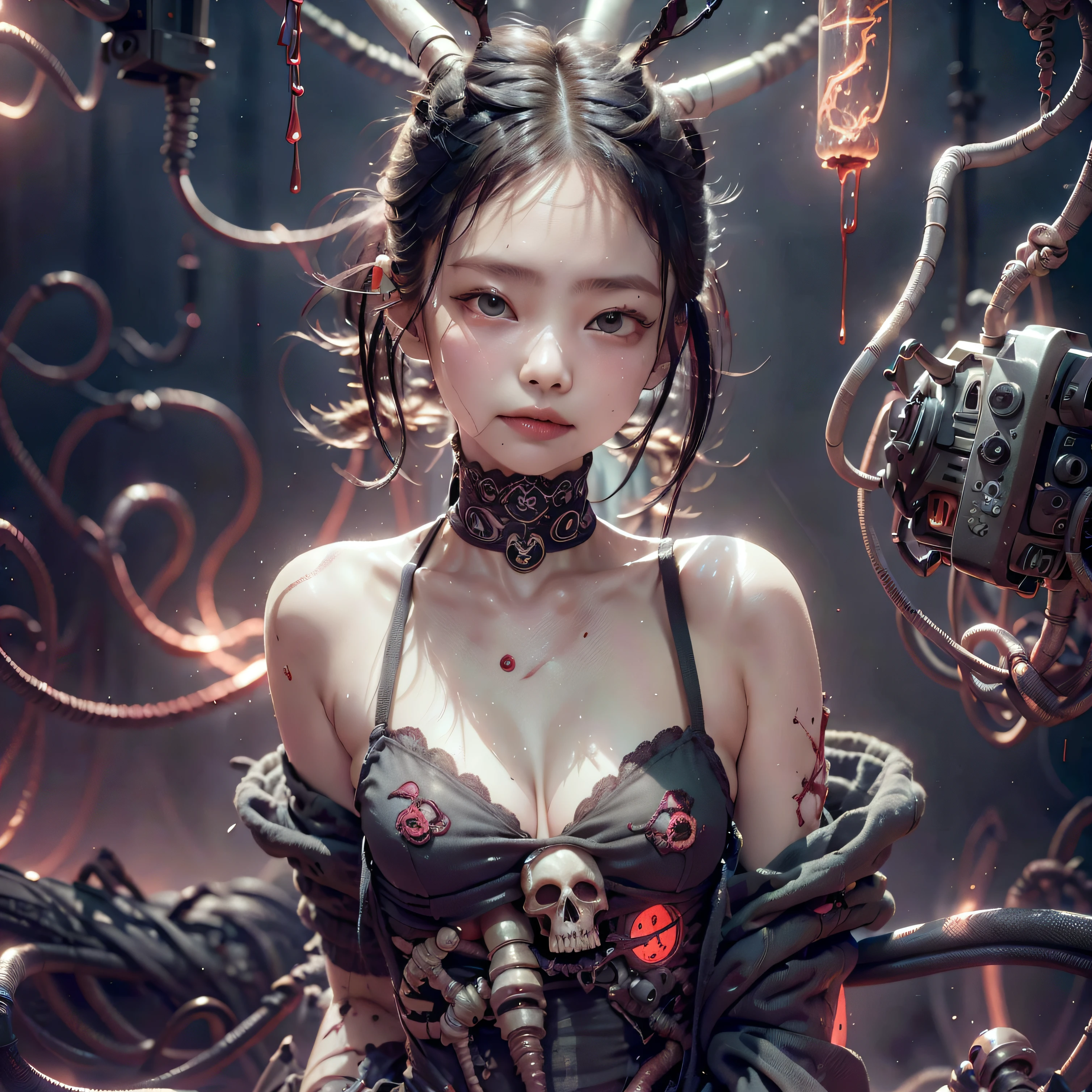 corpse, sinister, female, thin, pale, looking at the camera, ultra realistic, fully detailed, cemetery environment, bright eyes, white dress torn and stained with blood, bones exposed, putrid wounds, , terrifying, bruised by the body, exposed fracture in the collarbone, slight smile, super detailed, black short hair, blood and wounds, stab wounds on body, dirty clothes, Jennie Kim,