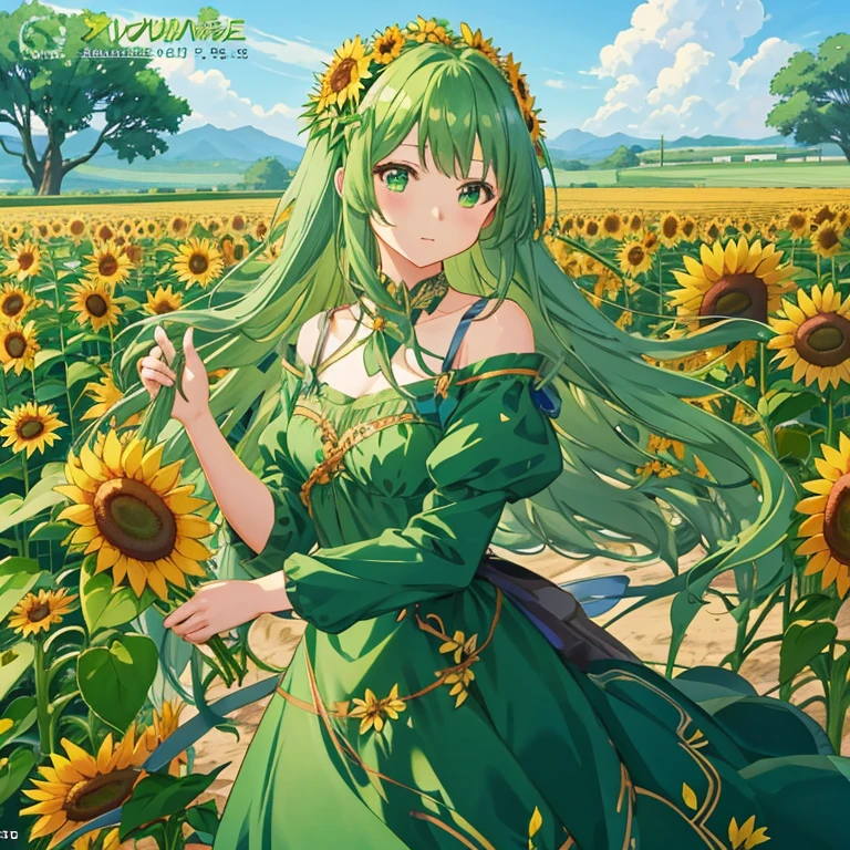 Anime girl in a green dress with flowers in her hair, Beautiful sunflower anime girl, Anime visuals of cute girls, official artwork, with flower fields as foreground, Official art, marin kitagawa fanart, Smooth Anime CG Art, Beautiful maiden, Rin, guweiz on pixiv artstation, astri lohne, high detailed official artwork, Beautiful Anime Portrait