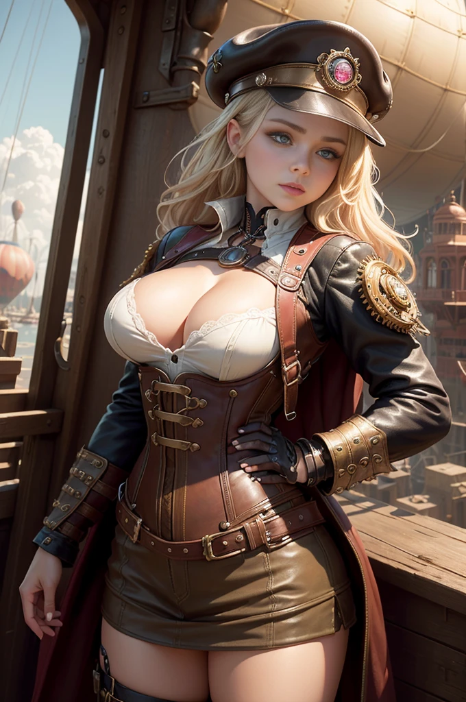 Chloe Grace Moretz as a sexy, busty, steampunk girl, in command of a steampunk airship, (Best Quality, 8k, High, Masterpiece:1.2), Ultra-Detailed, (Realistic, Photorealistic:1.37), HDR, Backlit studio and sharp focus, surrounded by vivid colors. The airship made of brass and copper, Adorned with intricate gears and steam pipes. Chloe's eyes are attractive and captivating, with stunning blue irises and long, lush lashes. Her lips are perfectly shaped, with a natural pink color that adds to her seductive charm. She wears a revealing corset with gears and mechanical decorations, accentuating her curves. Her costume includes leather boots, fingerless gloves, and a leather aviator cap. Chloe stands confidently on the deck of the airship, one hand on the tiller, with the wind blowing through her for a long time, hair flowing and brunette. The airship floats gracefully in the sky, propelled by a huge hot air balloon and surrounded by fluffy white clouds. The sun shines brightly, casting a warm golden glow on Chloe and the steampunk airship. The scene exudes a sense of adventure and mystery, with a touch of sensuality, as Chloe navigates the endless skies in her steampunk kingdom.