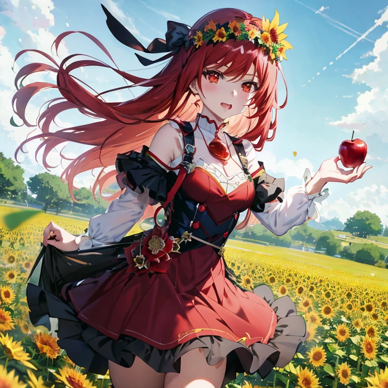 Anime girl with red hair and a flower crown holding an apple, cushart krenz key art feminine, Rias Gremory, marin kitagawa fanart, Beautiful sunflower anime girl, cushart krenz, Rin, sakimichan, Cute anime waifu in a nice dress, Ayaka Genshin Impact, Trending on ArtStation pixiv, zerochan art