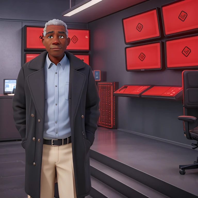 there  a black 50 years old man in a dark great coat standing in a security room with many red alert security displays, background artwork, set in bank vault room, random background scene, backroom background, security agent, elite scientist, interior background art, set in cyberpunk bank vault, background art, corporate boss, in the background, professor clothes, inspired by Max Magnus Norman, point-and-click adventure game