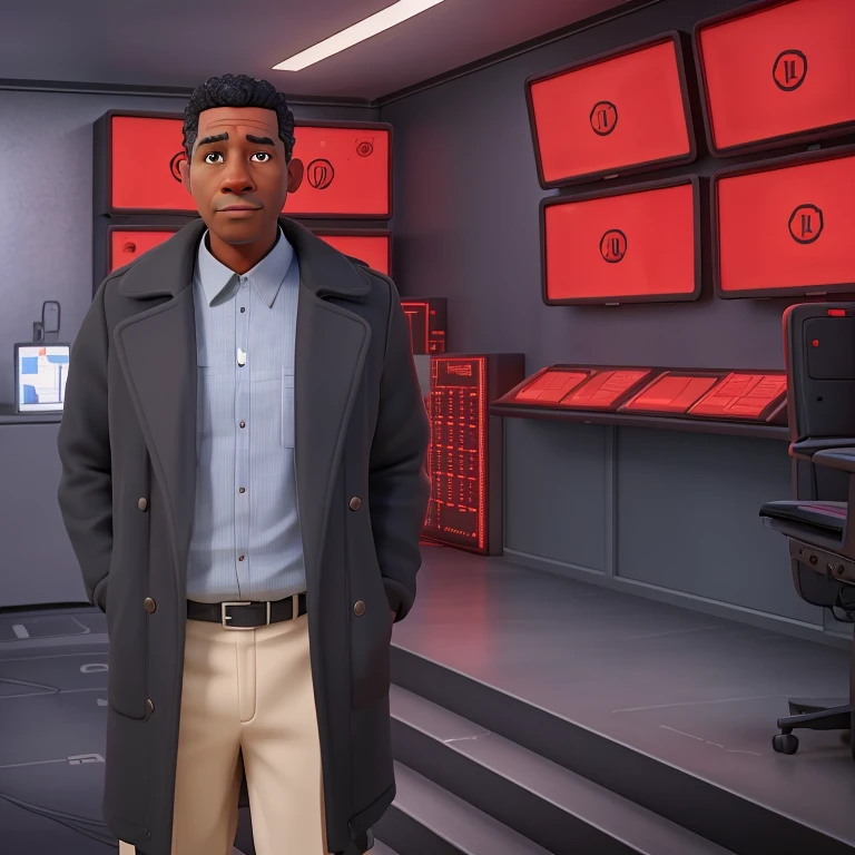 there a black 50 years old man in a dark great coat standing in a security room with many red alert security displays, background artwork, set in bank vault room, random background scene, backroom background, security agent, elite scientist, interior background art, set in cyberpunk bank vault, background art, corporate boss, in the background, professor clothes, inspired by Max Magnus Norman, point-and-click adventure game