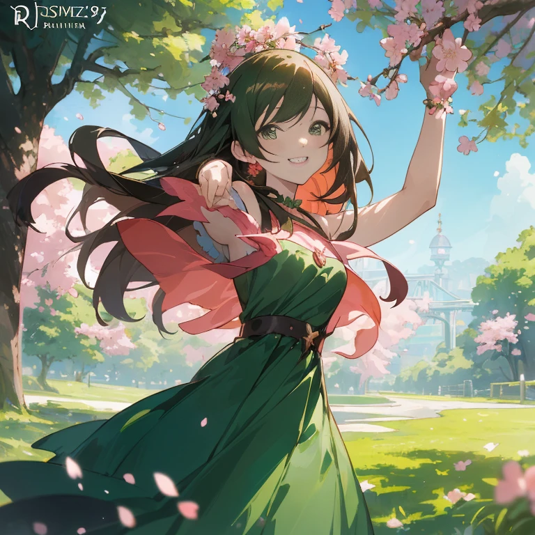 Anime girl in a green dress with cherry blossom trees in the background, cushart krenz key art feminine, official artwork, anime lush john 8k woods, official anime artwork, Rin, Official art, smiling as a queen of fairies, Trending on ArtStation pixiv, Cute anime waifu in a nice dress, marin kitagawa fanart, goddess of summer