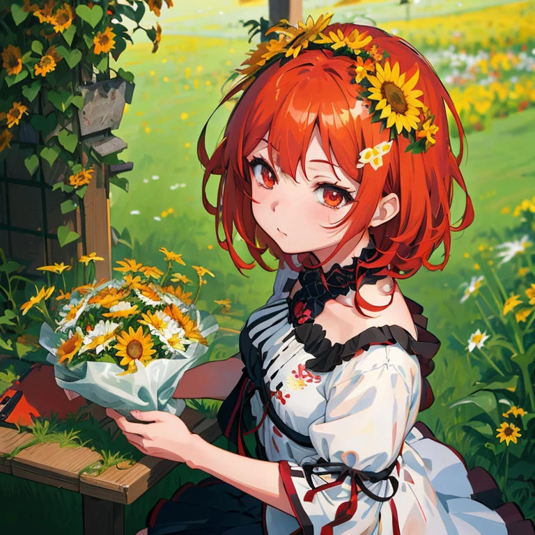 Red-haired anime girl with a bouquet of daisies, high quality portrait, with flowers, guweiz, guweiz on pixiv artstation, Beautiful sunflower anime girl, Rin, artwork in the style of guweiz, guweiz on artstation pixiv, Magic flower in hand, marin kitagawa fanart, ( ( ( yoshinari yoh ) ) )
