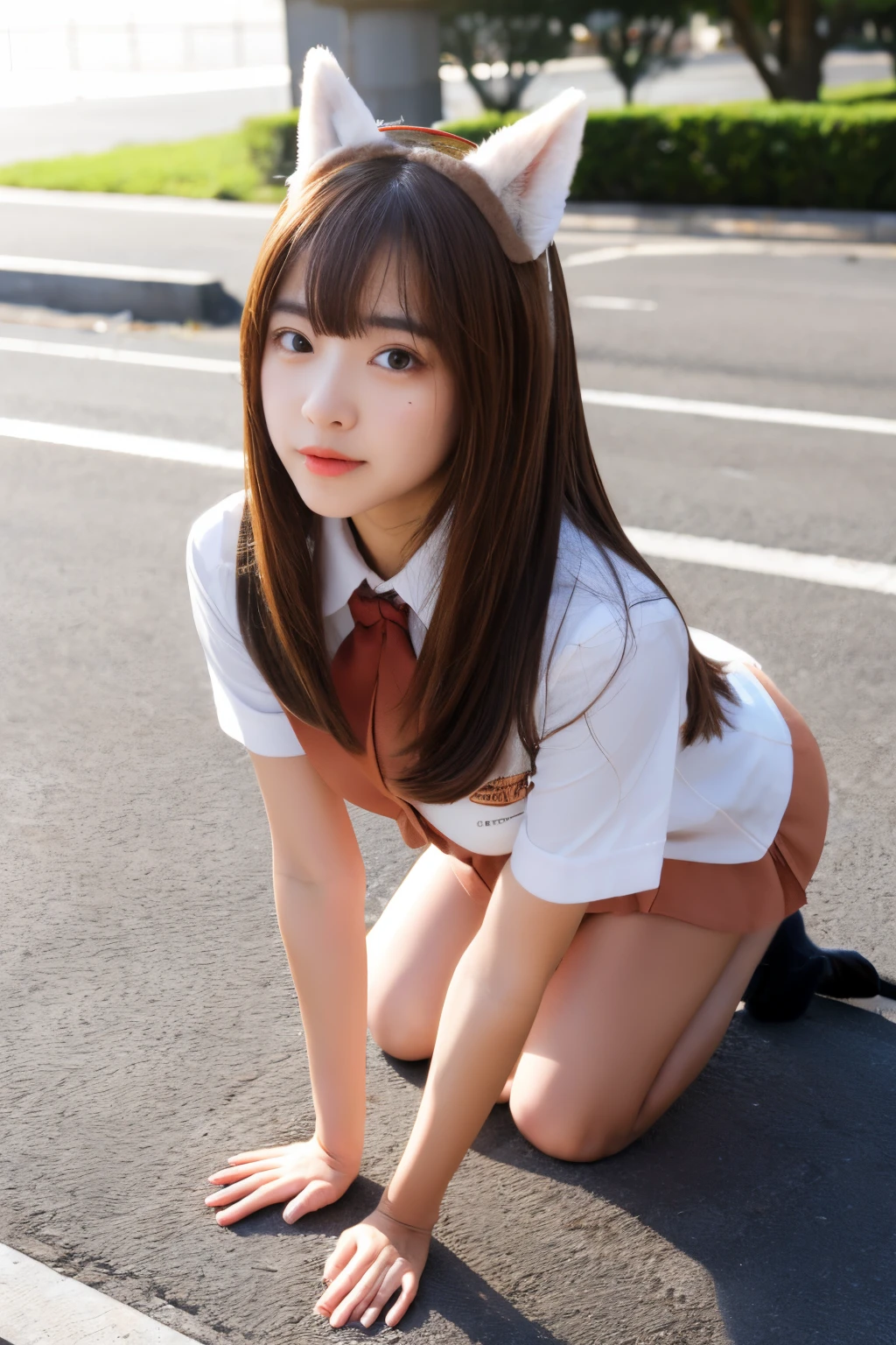 nude beautiful girl brown hair medium length crawling on all fours big breasts fox tail fox ears uniform