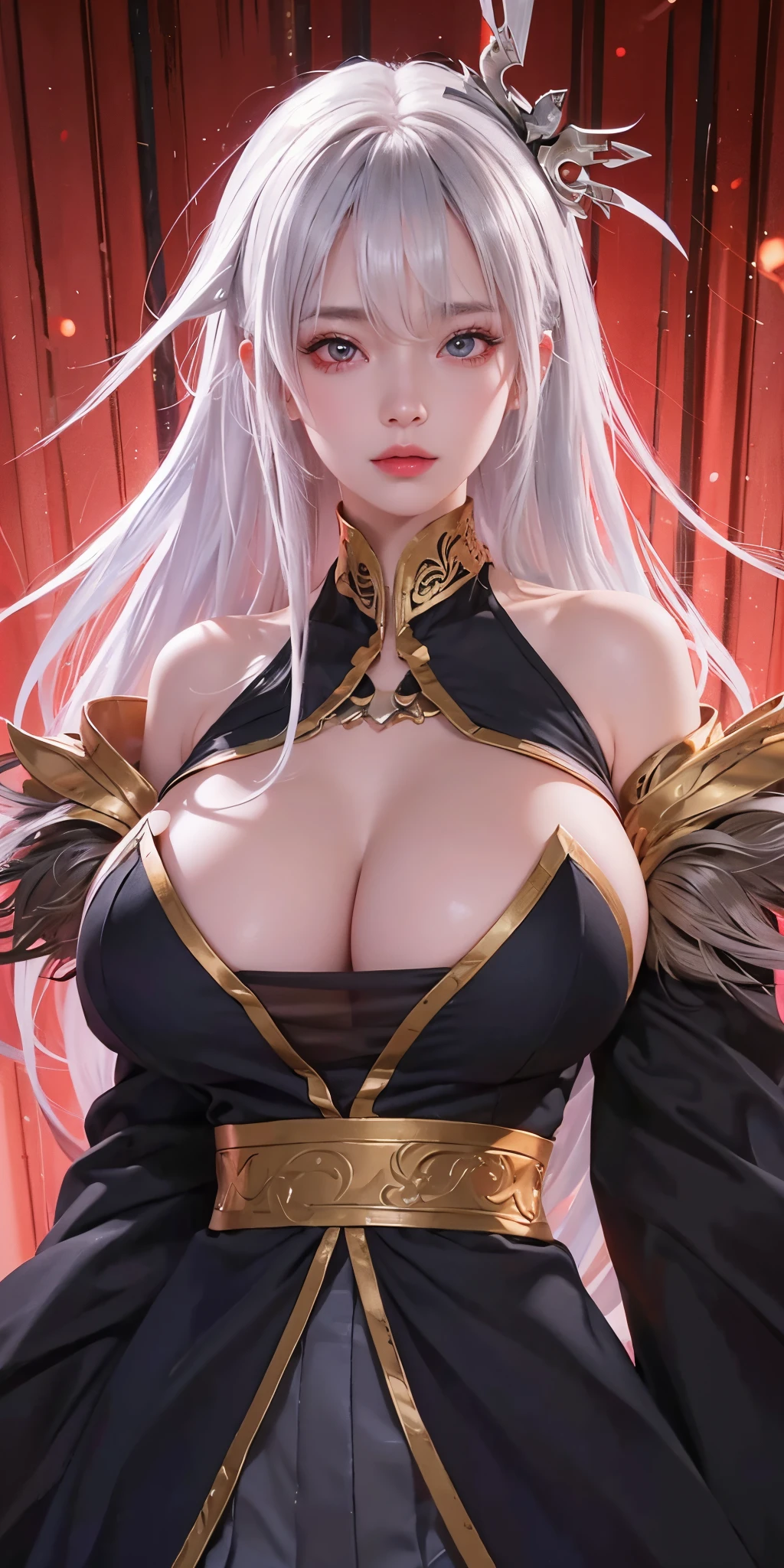 1girl,huge breast, silver hair, red eyes, high quality, ultra detailed, masterpiece, realistic