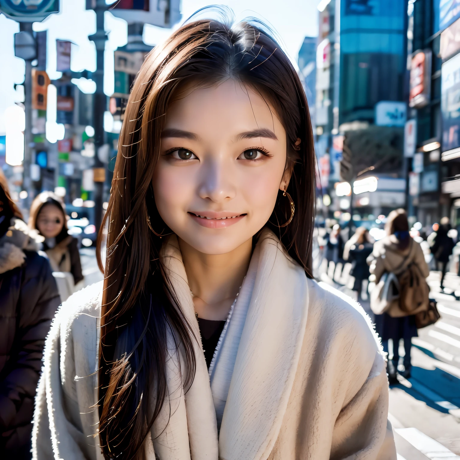 Photorealsitic, 8k full-length portraits, Beautuful Women, A charming expression, sixteen years old, TOKYOcty, Winters, Shibuya in the background