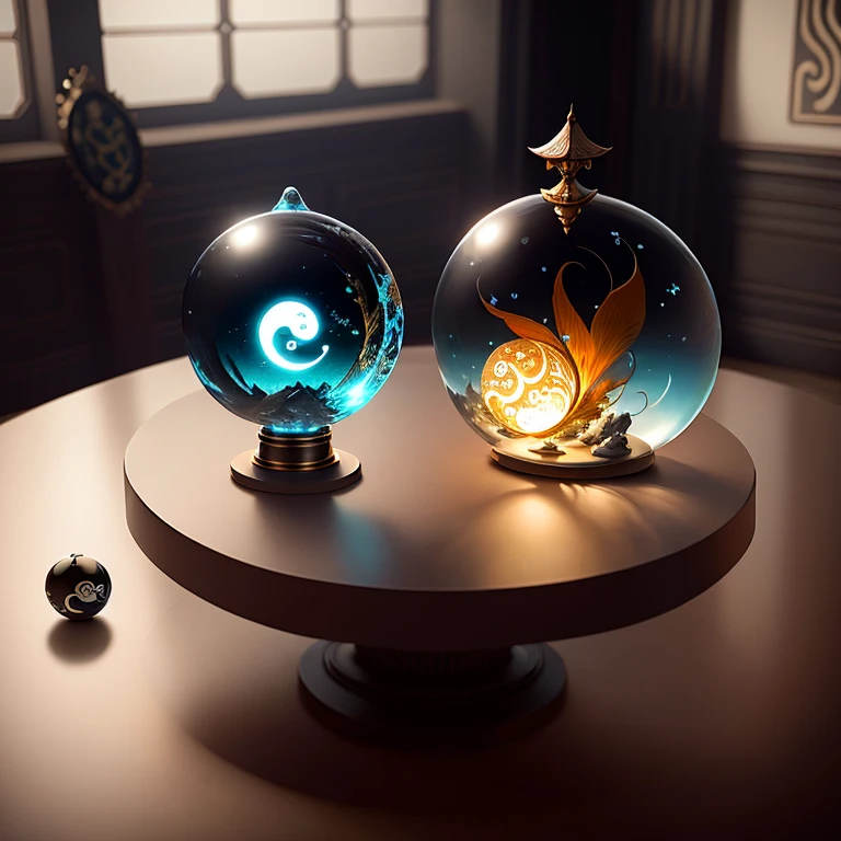 photore，There  a glass ball on the table，There  a mysterious yin-yang fish inside,high detal, Exquisite details, art-style, render octane, Currently at Artstation, High studio lighting, high detal, Serafinian Codex