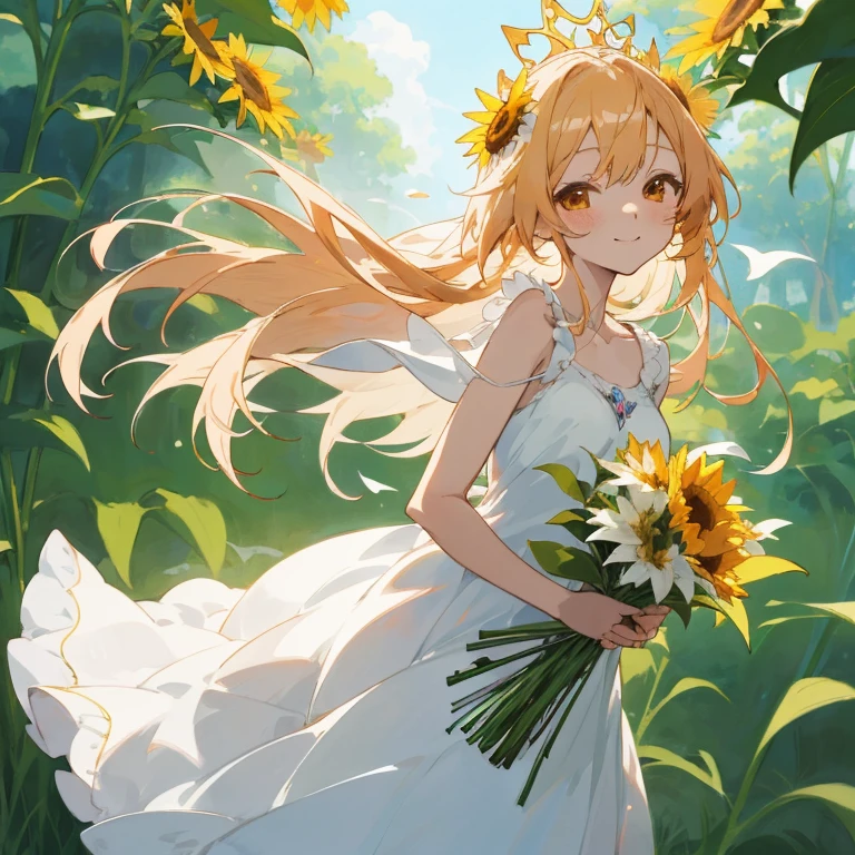 Anime girl in white dress with bouquet of flowers, loli in dress, smiling as a queen of fairies, Beautiful maiden, Beautiful sunflower anime girl, Beautiful anime girl, Cute anime waifu in a nice dress, Beautiful anime, Beautiful Anime Portrait, beautiful anime art, anime wallaper, hd anime wallaper, beautiful anime artwork, made with anime painter studio
