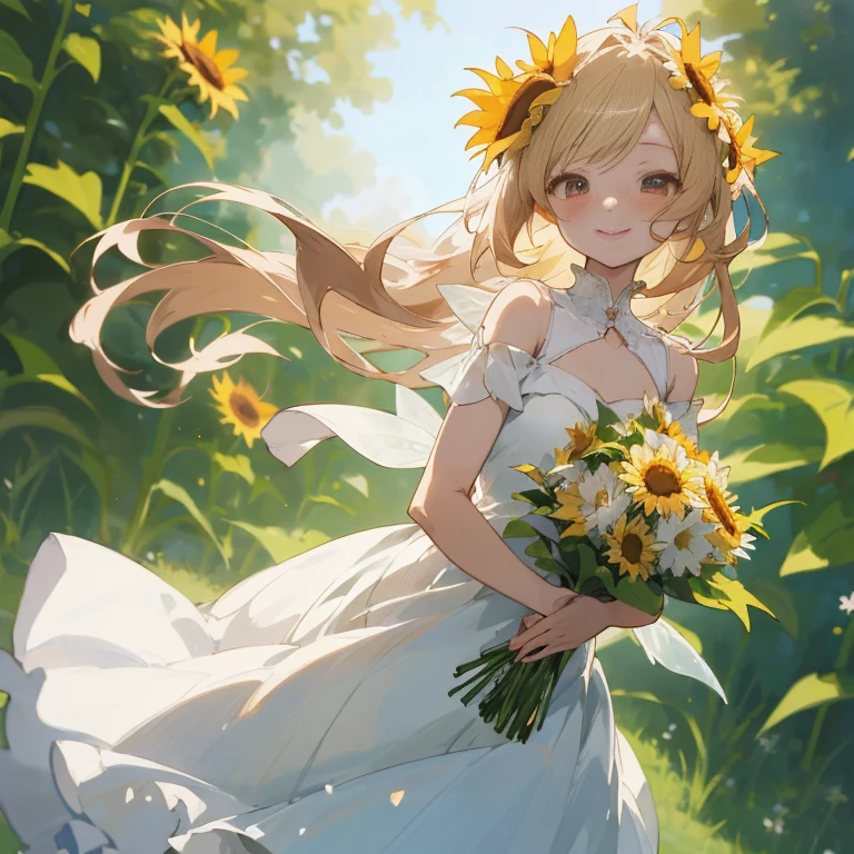 Anime girl in white dress with bouquet of flowers, loli in dress, smiling as a queen of fairies, Beautiful maiden, Beautiful sunflower anime girl, Beautiful anime girl, Cute anime waifu in a nice dress, Beautiful anime, Beautiful Anime Portrait, beautiful anime art, anime wallaper, hd anime wallaper, beautiful anime artwork, made with anime painter studio