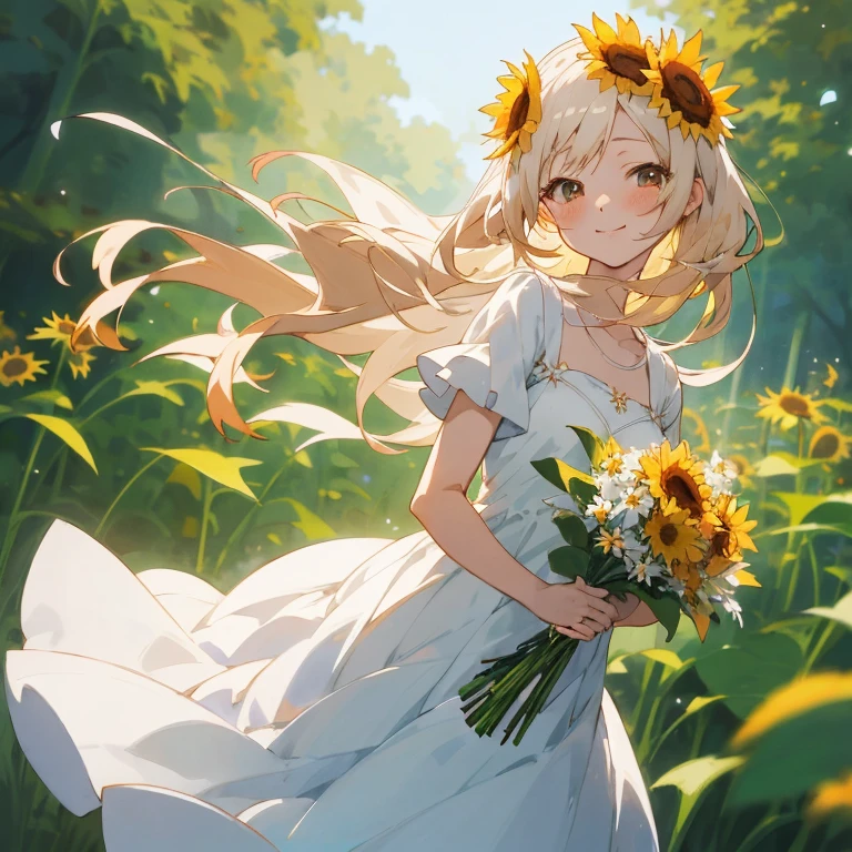 Anime girl in white dress with bouquet of flowers, loli in dress, smiling as a queen of fairies, Beautiful maiden, Beautiful sunflower anime girl, Beautiful anime girl, Cute anime waifu in a nice dress, Beautiful anime, Beautiful Anime Portrait, beautiful anime art, anime wallaper, hd anime wallaper, beautiful anime artwork, made with anime painter studio