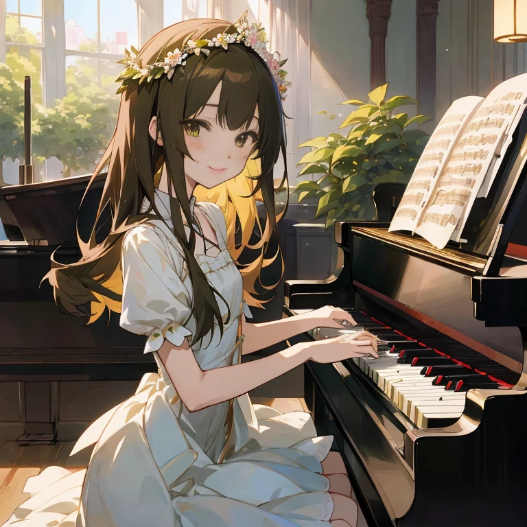 Anime girl in a white dress playing the piano with a flower crown on her head, official artwork, marin kitagawa fanart, nightcore, pianist, high detailed official artwork, piano in the background, Official art, Rin, playing piano, Beautiful Anime Portrait, masterful composition!!!, makoto shinka, kawacy, Beautiful anime girl, smiling as a queen of fairies