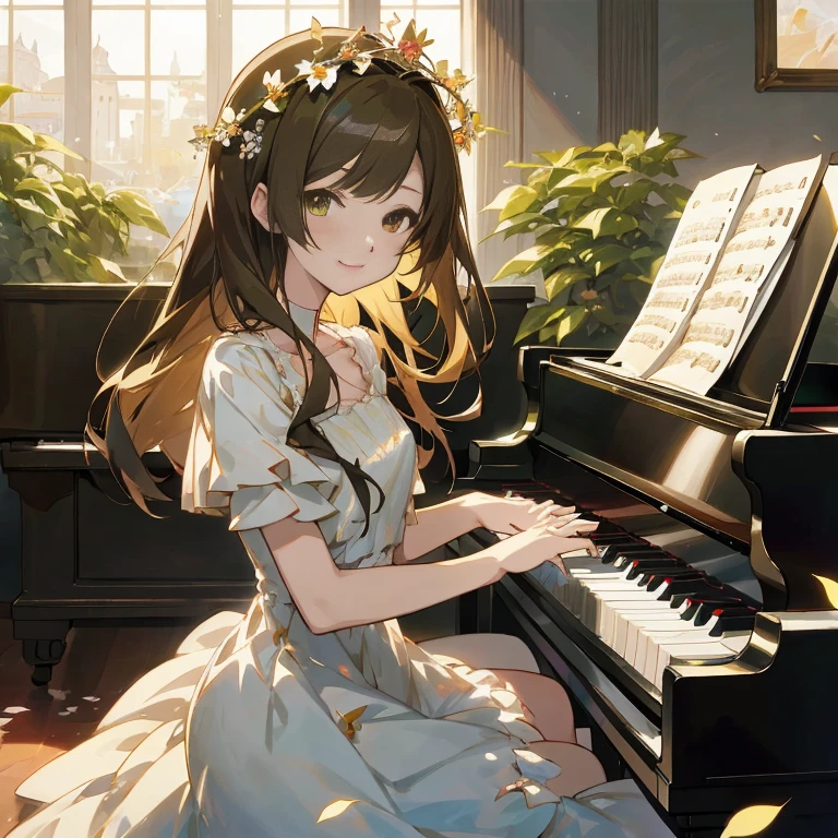 Anime girl in a white dress playing the piano with a flower crown on her head, official artwork, marin kitagawa fanart, nightcore, pianist, high detailed official artwork, piano in the background, Official art, Rin, playing piano, Beautiful Anime Portrait, masterful composition!!!, makoto shinka, kawacy, Beautiful anime girl, smiling as a queen of fairies