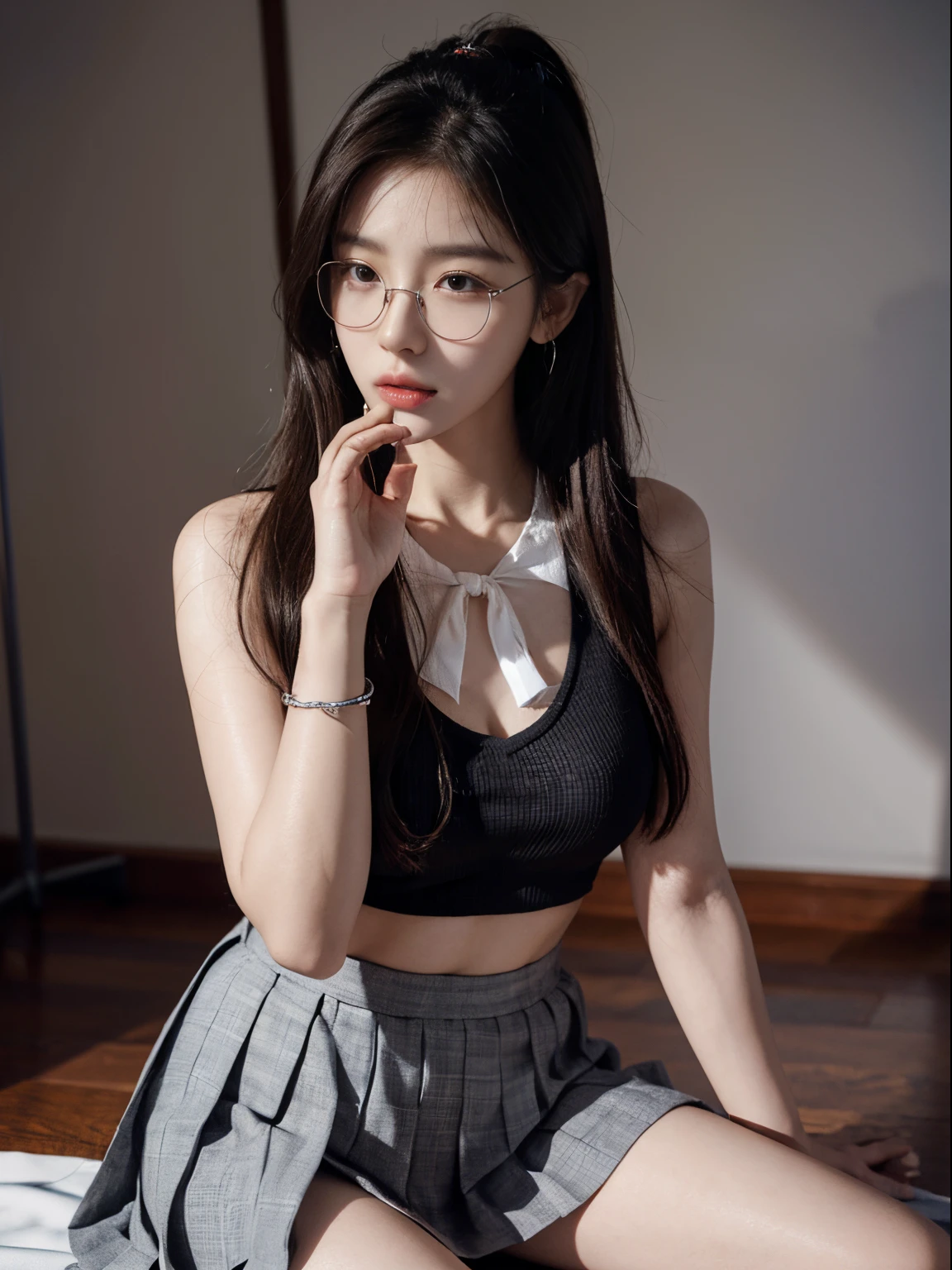 1girl, korean kpop idol and model ,23 years old,soft body, fair skin,close-up, 8k, RAW photo, best quality, masterpiece,realistic, photo-realistic,cute, bandage top , pleated skirt , silver bracelet, jewelleries, earrings, High image quality, full body, ribbon tie, spectacles