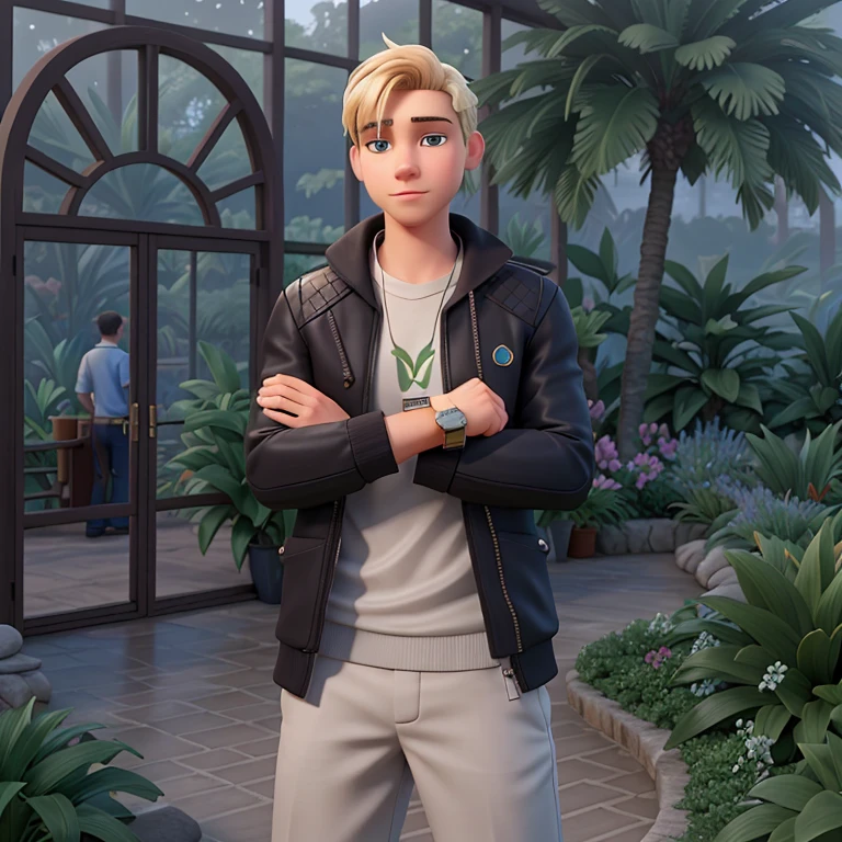 there a blonde man standing in a garden with a watch on his wrist, glasshouse in the background, foggy weather, jungle context, palm trees behind, inspired by Aleksander Gine, inspired by Lucas Vorsterman, young blonde boy fantasy thief, inspired by Chase Stone, inspired by Nicholas Marsicano, inspired by Anthony Devas, inspired by Drew Tucker, inspired by Henric Trenk, inspired by Kristian Kreković
