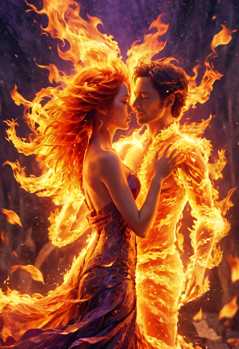 tmasterpiece, Best quality, Detailed pubic hair, A high resolution, (火焰/火焰/Loim，dynamic scene:1.3)，Romantic couple kissing in fire，firestorm, catching fire, strange fantasy images, great skin texture，Magic Array, Cast spells, Fantastical, Purple power, strength, Fiery, meteors,