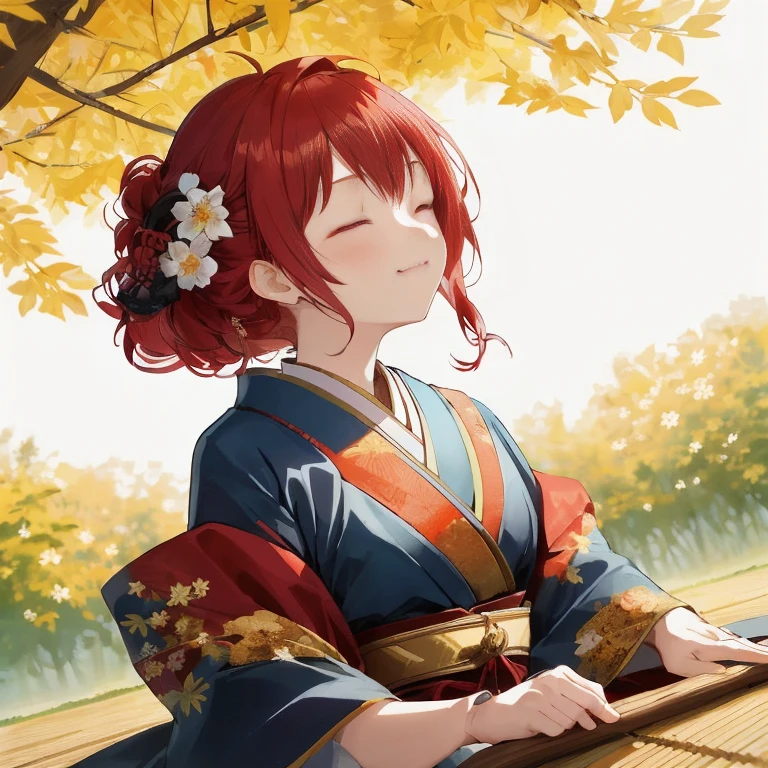 Red-haired anime girl sitting on a wooden bench with a laptop, in a kimono, Beautiful Anime Portrait, in a kimono, inspired by Nishikawa Sukenobu, 🍁 Cute, Empress of autumn, palatial palace , a girl in hanfu, sayori, anime style portrait, Rin, Portrait of an anime girl, high quality portrait, guweiz on pixiv artstation