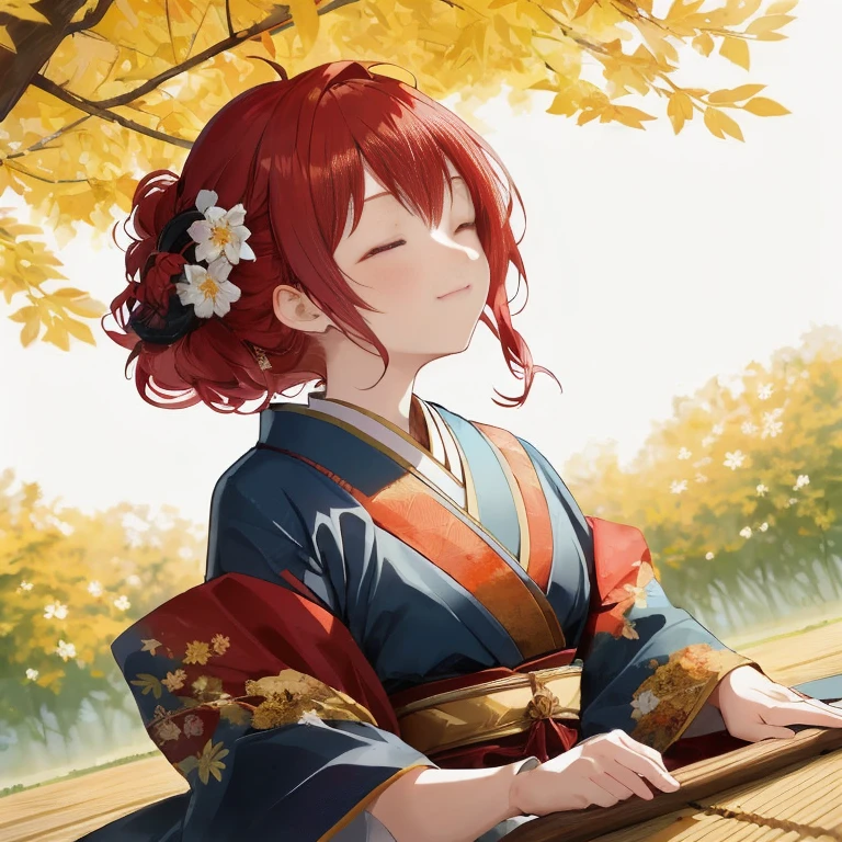 Red-haired anime girl sitting on a wooden bench with a laptop, in a kimono, Beautiful Anime Portrait, in a kimono, inspired by Nishikawa Sukenobu, 🍁 Cute, Empress of autumn, palatial palace ， a girl in hanfu, sayori, anime style portrait, Rin, Portrait of an anime girl, high quality portrait, guweiz on pixiv artstation