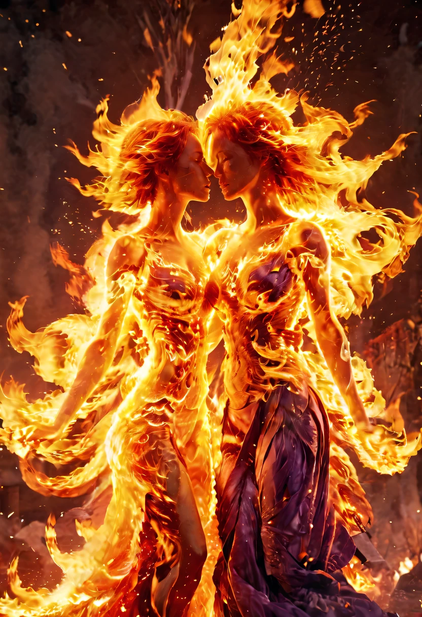 tmasterpiece, Best quality, Detailed pubic hair, A high resolution, (火焰/火焰/Loim,dynamic scene:1.3),Romantic couple kissing in fire,firestorm, catching fire, strange fantasy images, great skin texture,Magic Array, Cast spells, Fantastical, Purple power, strength, Fiery, meteors,