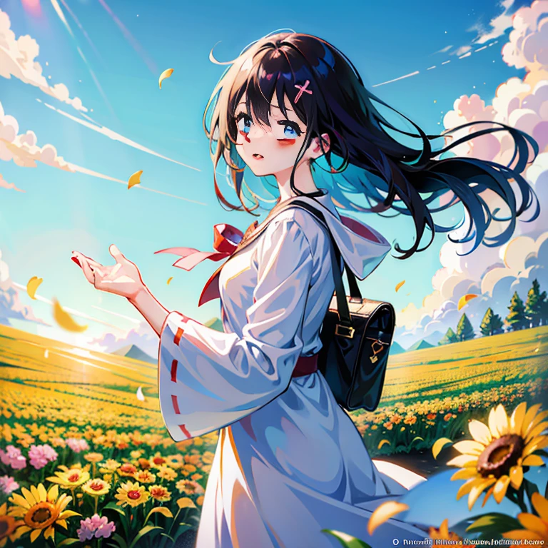 Anime girl with hair fluttering in the wind in a flower field, in style of kyoto animation, anime style 4 k, kyoto animation key visual, Official art, Beautiful anime, Anime! 4K, Anime! 4 k, 4k Race Manga wallpaper, Anime visuals of cute girls, official artwork, Anime Wallpapers in 4K, Anime wallpapers in 4K