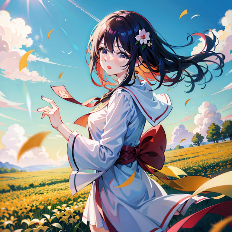 Anime girl with hair fluttering in the wind in a flower field, in style of kyoto animation, anime style 4 k, kyoto animation key visual, Official art, Beautiful anime, Anime! 4K, Anime! 4 k, 4k Race Manga wallpaper, Anime visuals of cute girls, official artwork, Anime Wallpapers in 4K, Anime wallpapers in 4K