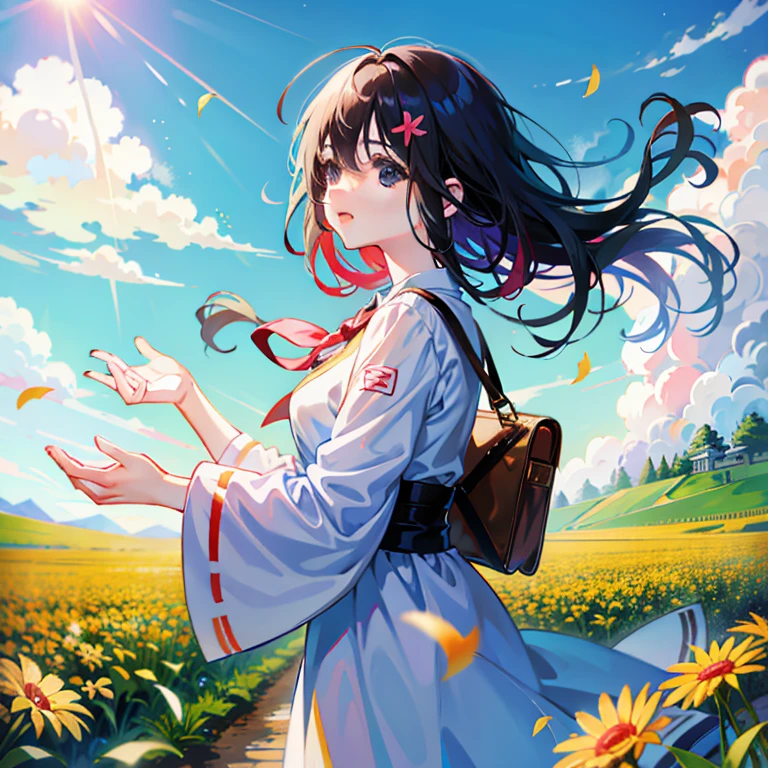 Anime girl with hair fluttering in the wind in a flower field, in style of kyoto animation, anime style 4 k, kyoto animation key visual, Official art, Beautiful anime, Anime! 4K, Anime! 4 k, 4k Race Manga wallpaper, Anime visuals of cute girls, official artwork, Anime Wallpapers in 4K, Anime wallpapers in 4K