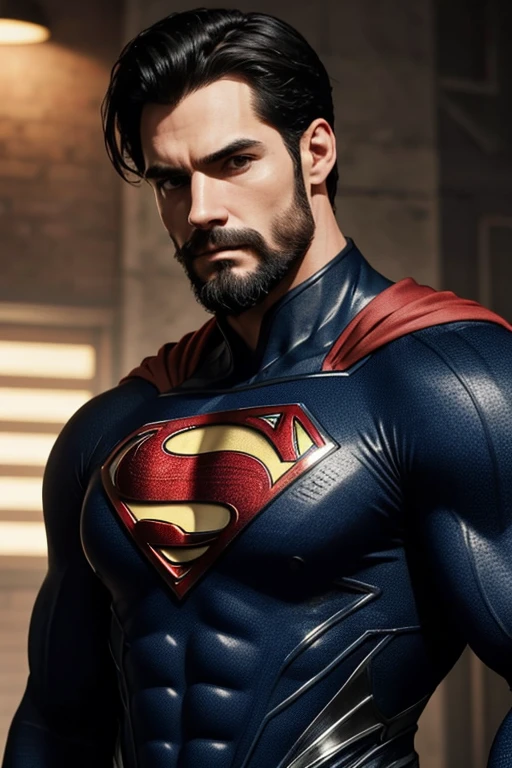 Superman, 40s year old, beard, all details black and red suit, big S symbol on the chest, red cover, strain of hair covering forehead, short cut hair, neat hair, tall, manly, hunk body, muscular, straight face, black hair, best quality, high resolution:1.2, masterpiece, raw photo, dark background, detailed suit, detailed face, upper body shot